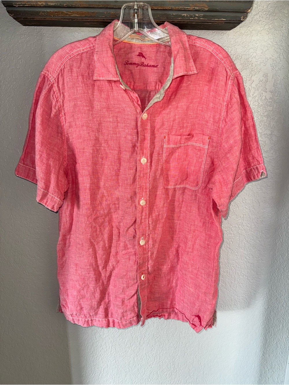 Tommy Bahama Men’s Short Sleeve Button Down 100% Linen Shirt Coral Pink Medium